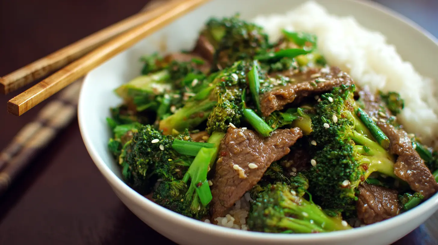 A hot plate of Beef and Broccoli stir fry with tender beef slices and vibrant broccoli florets.