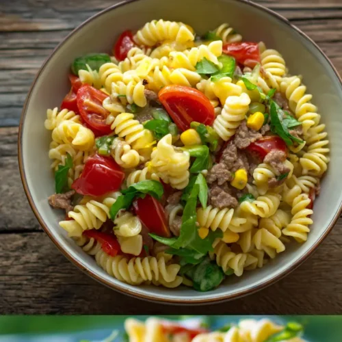 A vibrant bowl of Big Mac pasta salad with a creamy sauce and fresh toppings.