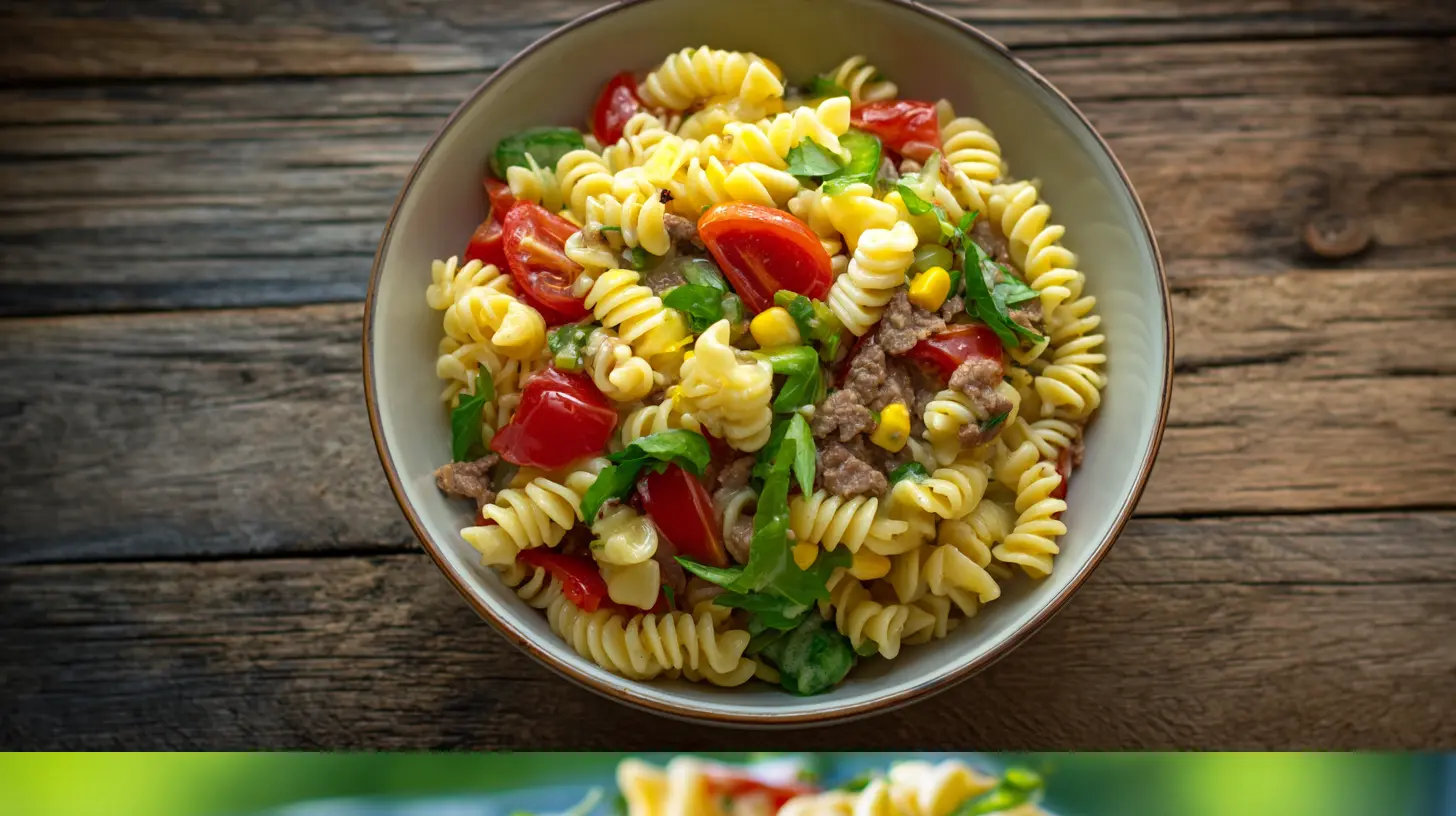 A vibrant bowl of Big Mac pasta salad with a creamy sauce and fresh toppings.