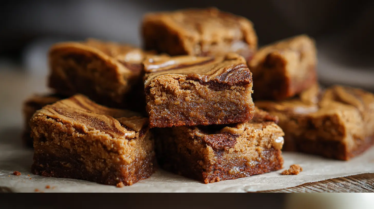 Several Biscoff blondies arranged on a serving plate, showcasing their soft texture.