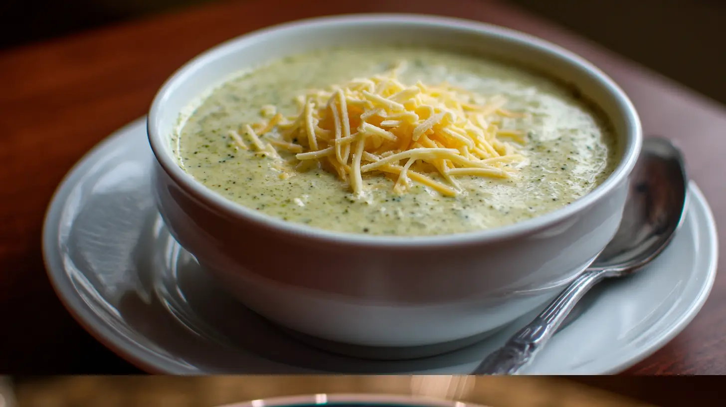 A steaming bowl of creamy broccoli cheese soup, garnished with fresh broccoli florets.