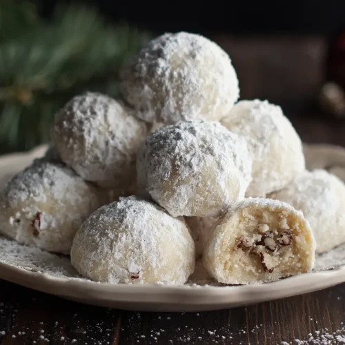 A close-up of buttery pecan snowball cookies dusted with powdered sugar.
