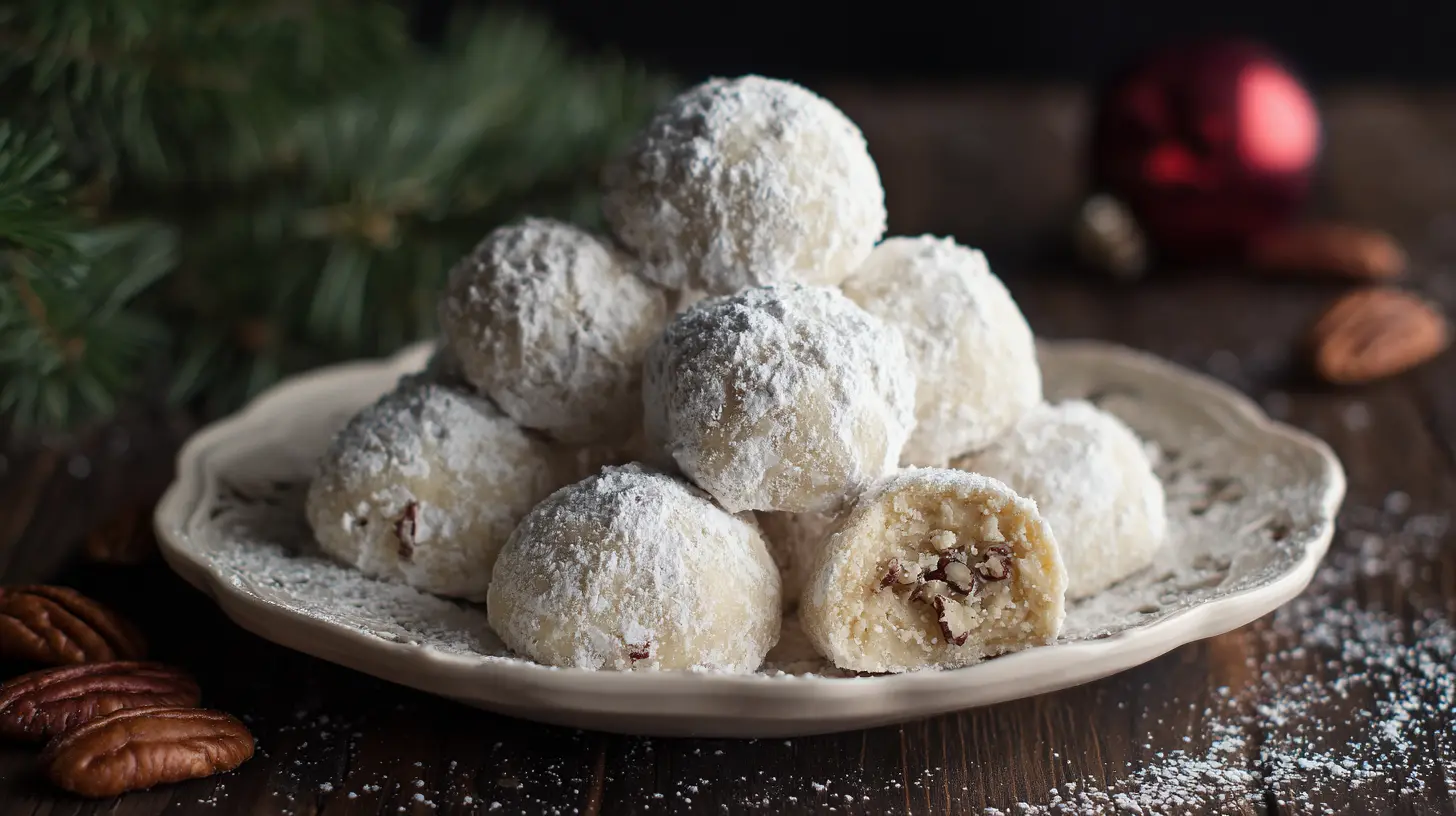 A close-up of buttery pecan snowball cookies dusted with powdered sugar.