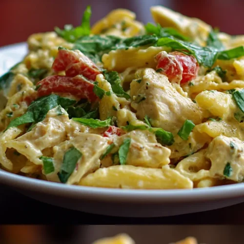 A fresh bowl of Chicken Caesar Pasta Salad, ready to serve