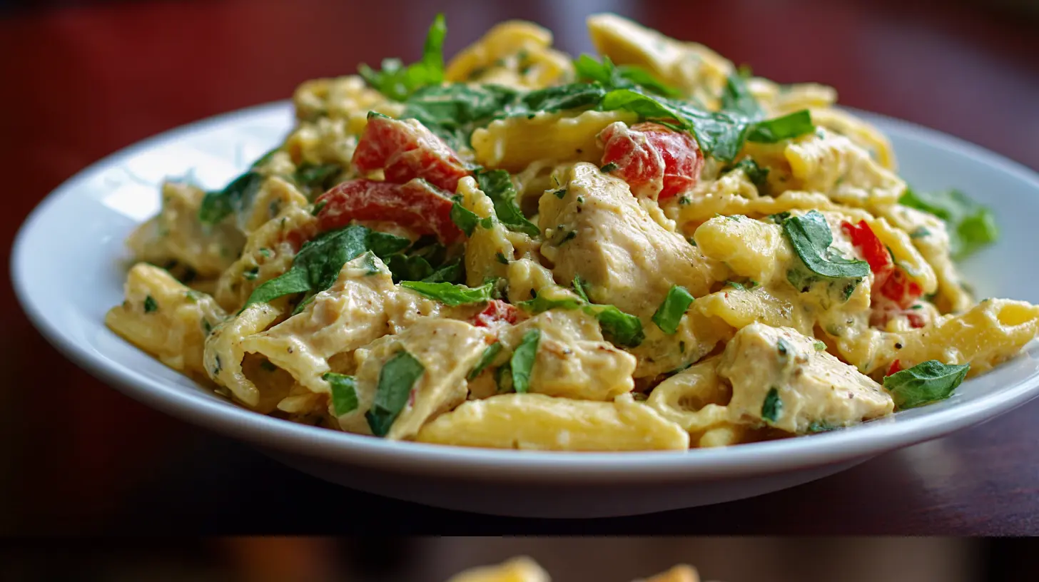 A fresh bowl of Chicken Caesar Pasta Salad, ready to serve