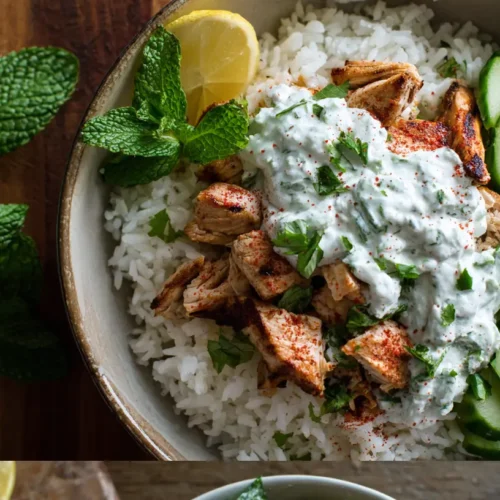 A vibrant chicken tzatziki bowl with grilled chicken, fresh vegetables, and creamy tzatziki sauce.