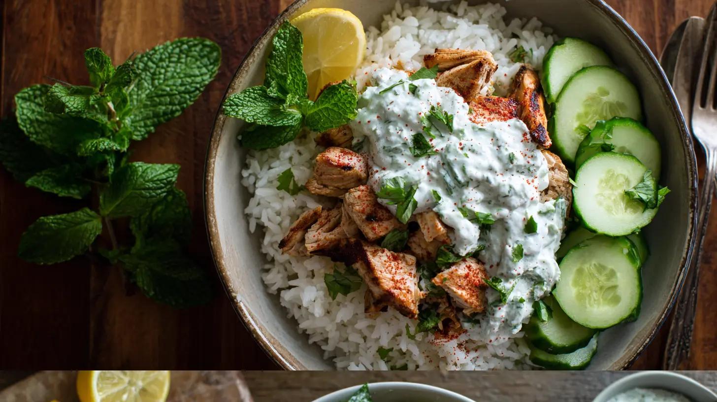 A vibrant chicken tzatziki bowl with grilled chicken, fresh vegetables, and creamy tzatziki sauce.