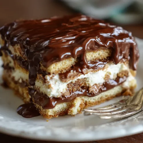 A delicious chocolate eclair cake with a smooth chocolate topping.