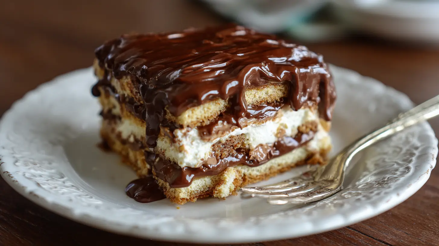 A delicious chocolate eclair cake with a smooth chocolate topping.