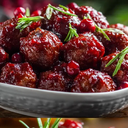 A serving platter filled with Christmas Cranberry Meatballs, garnished with fresh herbs.