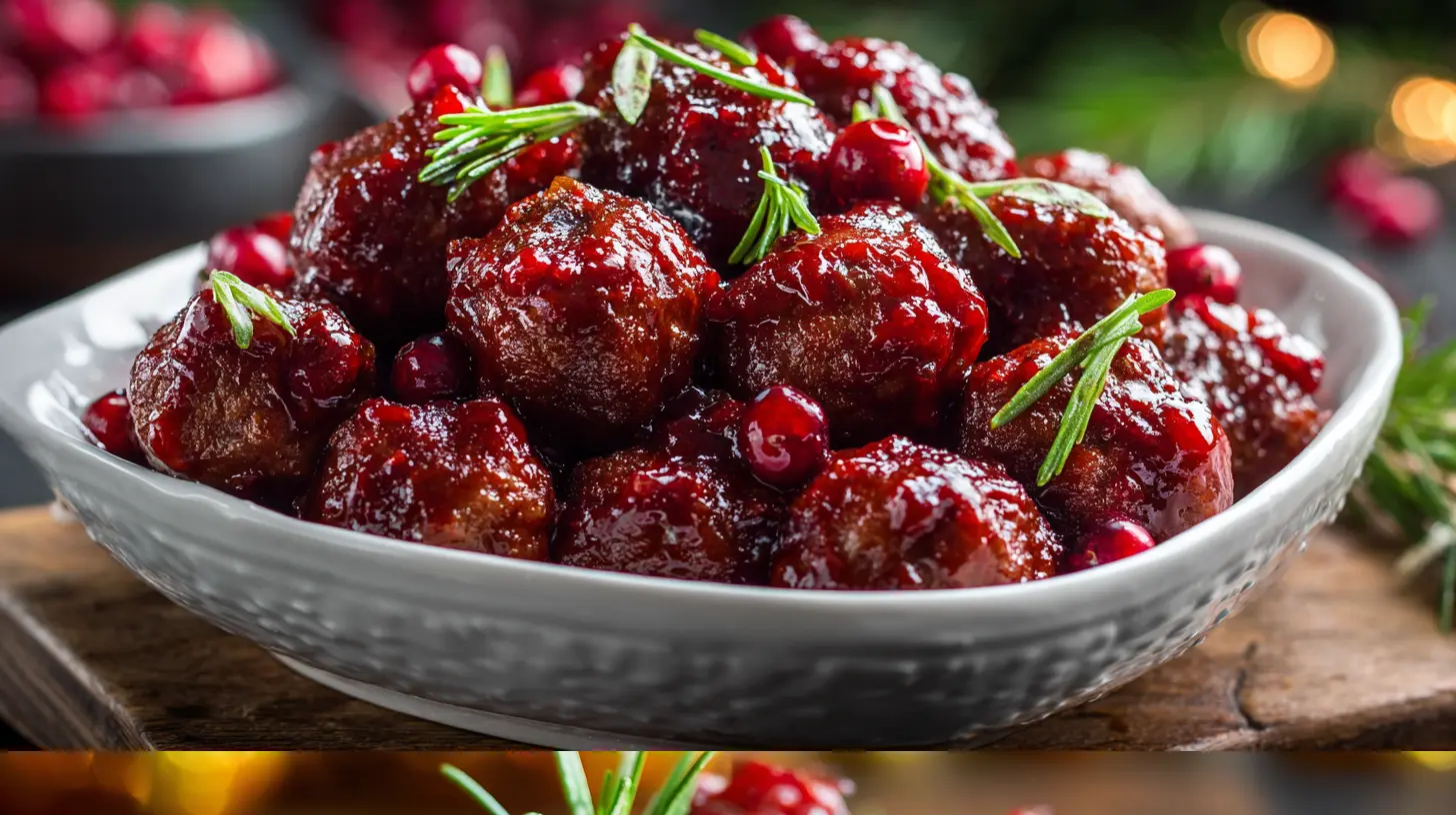 A serving platter filled with Christmas Cranberry Meatballs, garnished with fresh herbs.