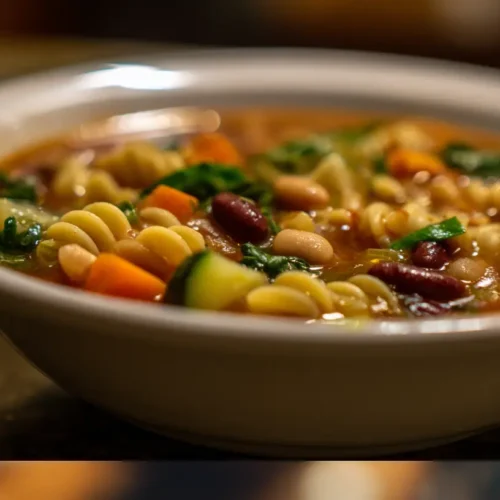 A steaming bowl of classic minestrone soup, rich with vegetables and pasta.