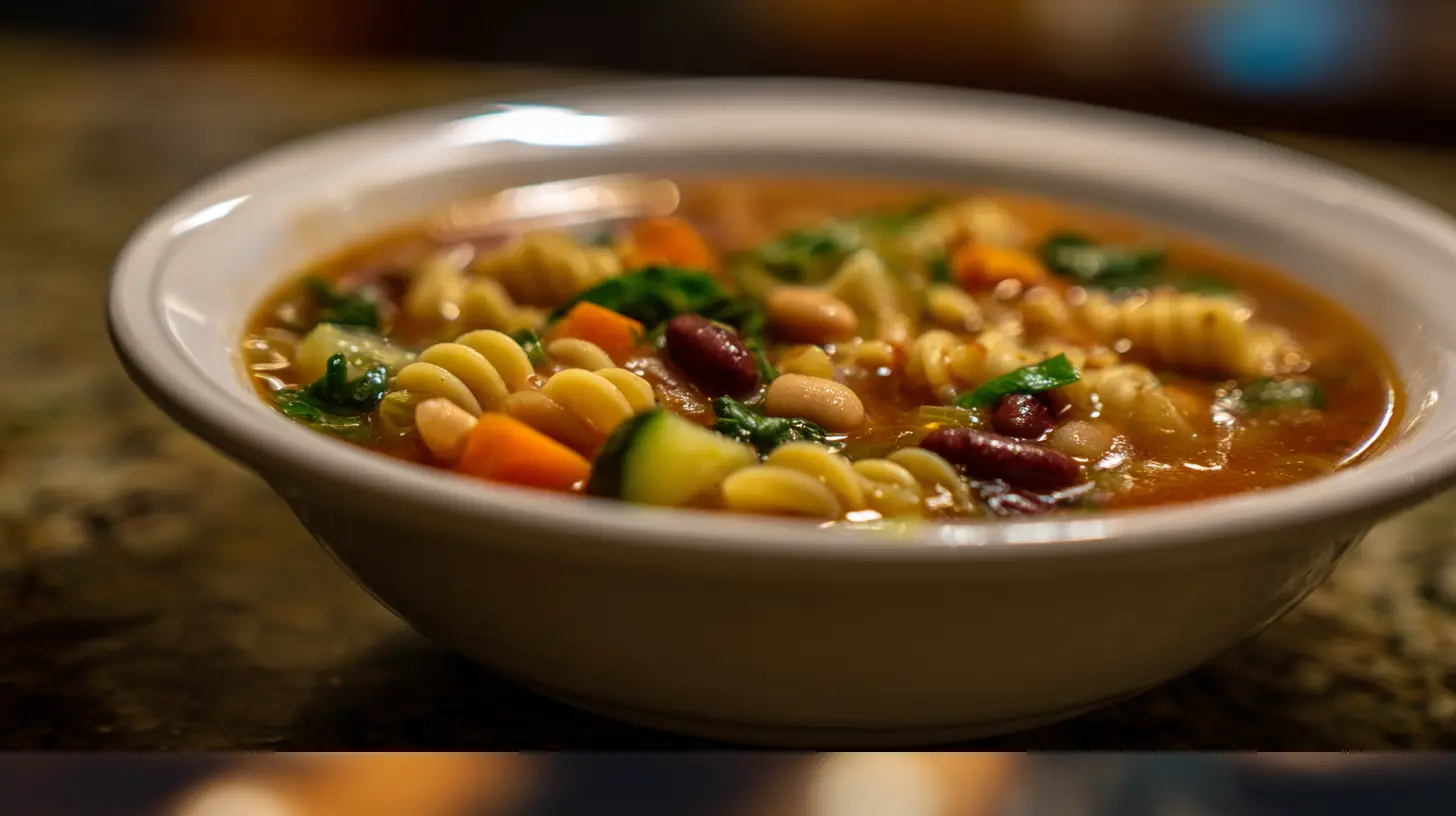 A steaming bowl of classic minestrone soup, rich with vegetables and pasta.