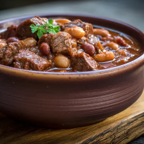A steaming bowl of hearty cowboy stew with meat and vegetables