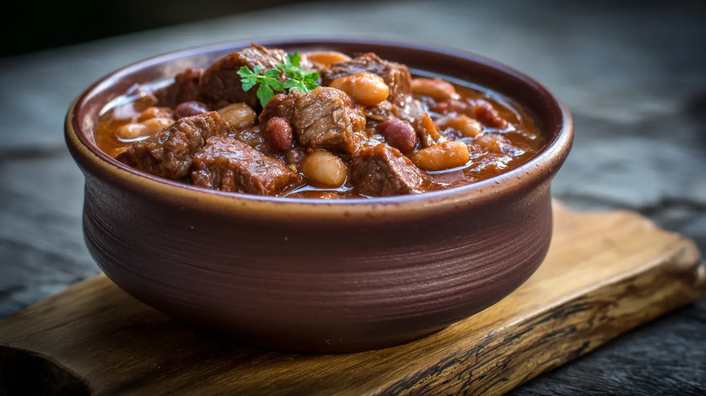 A steaming bowl of hearty cowboy stew with meat and vegetables