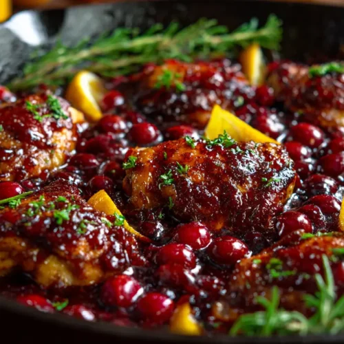 A well-plated dish of cranberry orange chicken garnished with herbs.