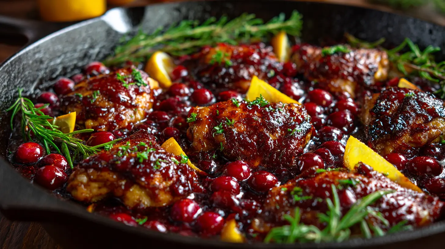 A well-plated dish of cranberry orange chicken garnished with herbs.