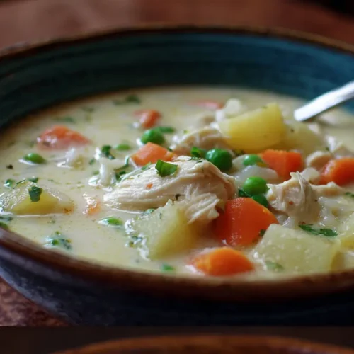 A steaming bowl of creamy chicken and rice soup, garnished with fresh herbs.