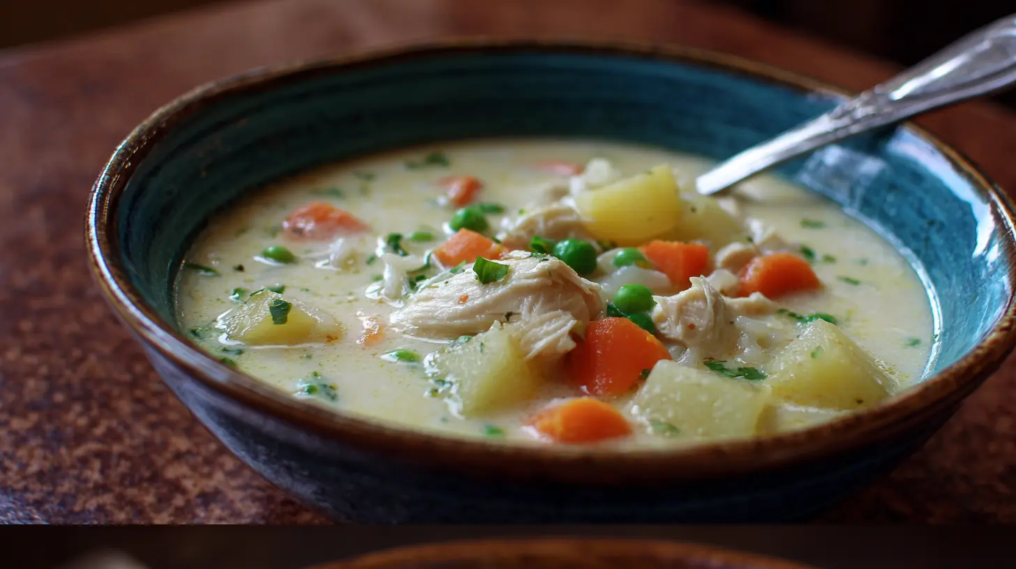 A steaming bowl of creamy chicken and rice soup, garnished with fresh herbs.