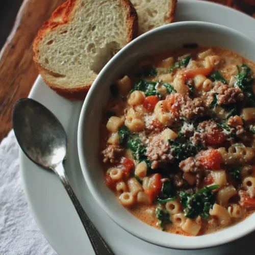 A bowl of creamy Parmesan Italian sausage ditalini soup served hot.