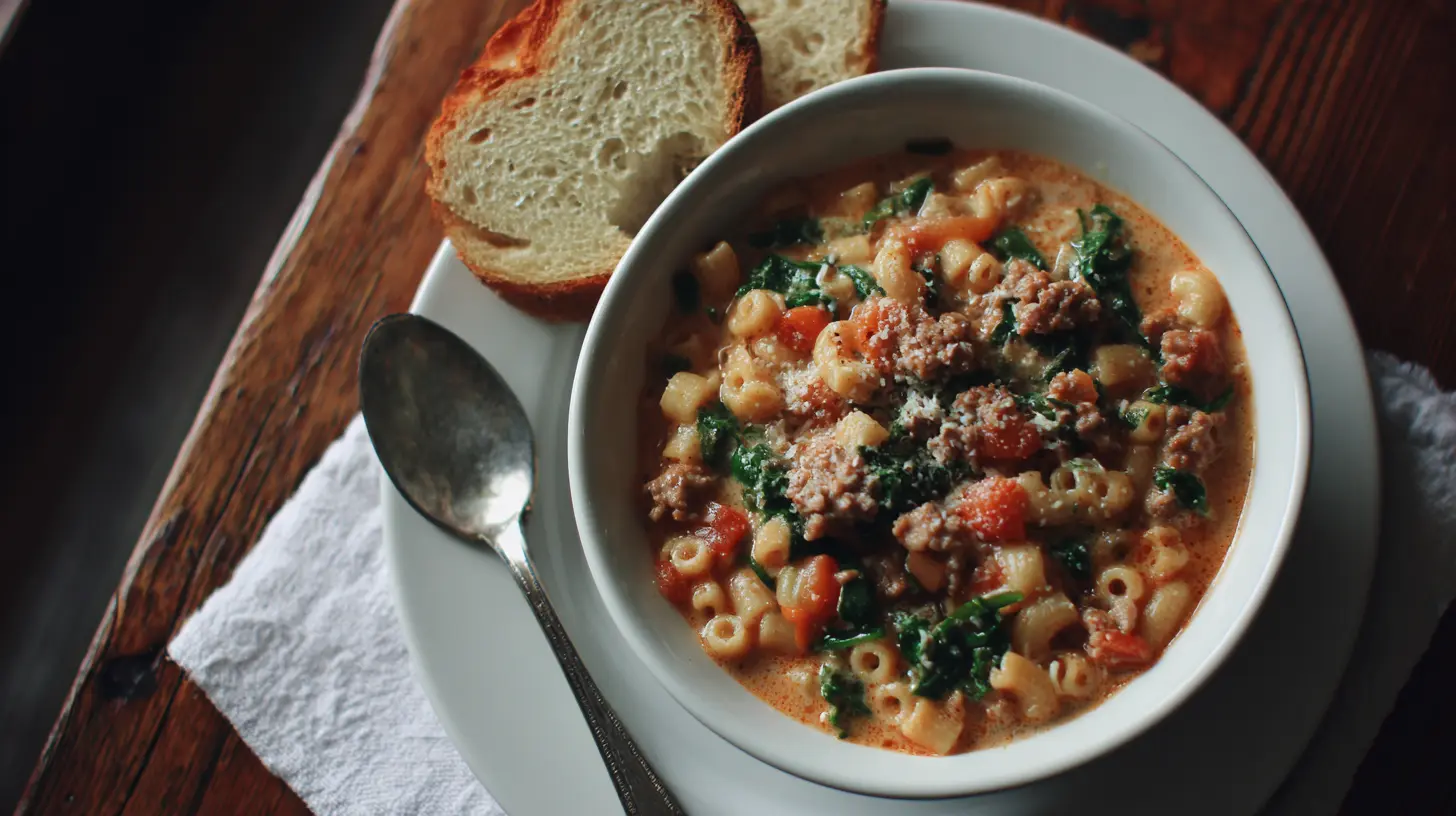A bowl of creamy Parmesan Italian sausage ditalini soup served hot.