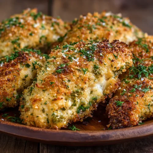 A serving of crispy dill pickle parmesan chicken on a plate, showcasing its golden-brown breading.