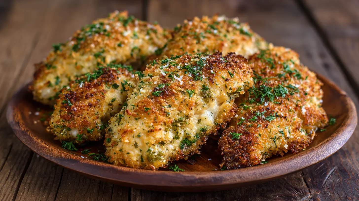 A serving of crispy dill pickle parmesan chicken on a plate, showcasing its golden-brown breading.