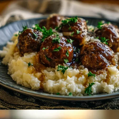 Juicy Crock Pot French onion meatballs simmering in a rich sauce.