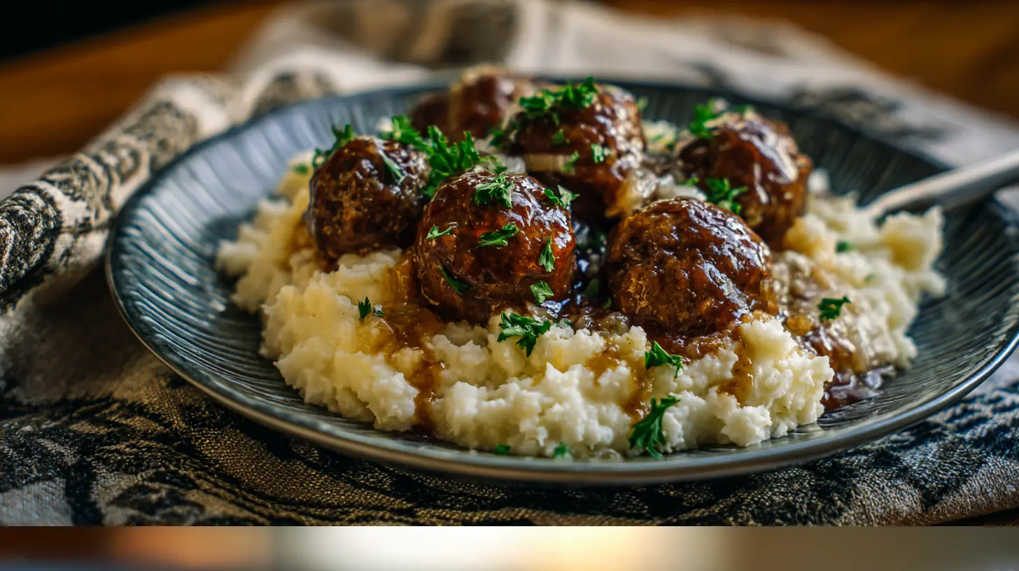 Juicy Crock Pot French onion meatballs simmering in a rich sauce.