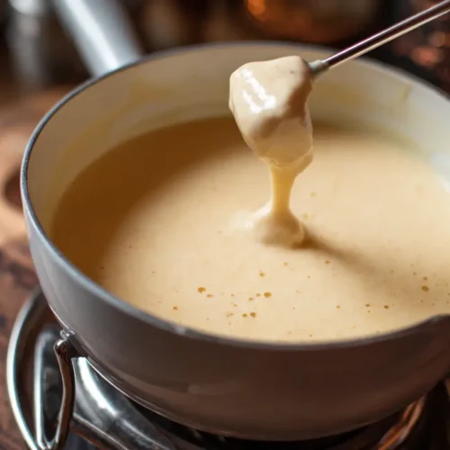 A bubbling pot of easy cheese fondue, perfect for a cozy gathering.