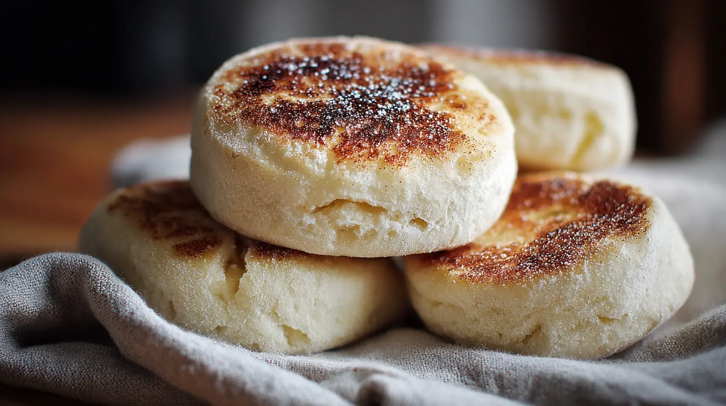 A close-up of freshly baked English muffins with nooks and crannies