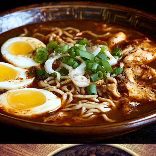 A steaming bowl of fiery chicken ramen with chili flakes