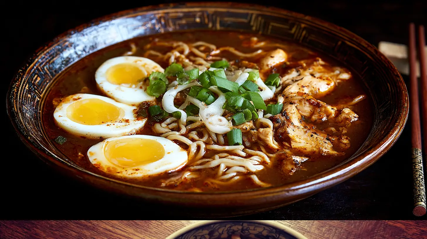 A steaming bowl of fiery chicken ramen with chili flakes