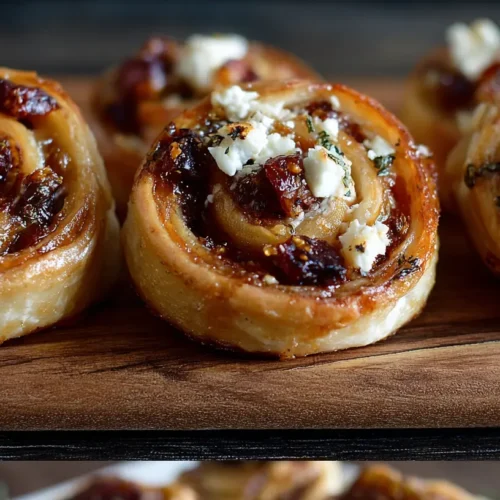 Baked fig and goat cheese pinwheels arranged on a white serving platter