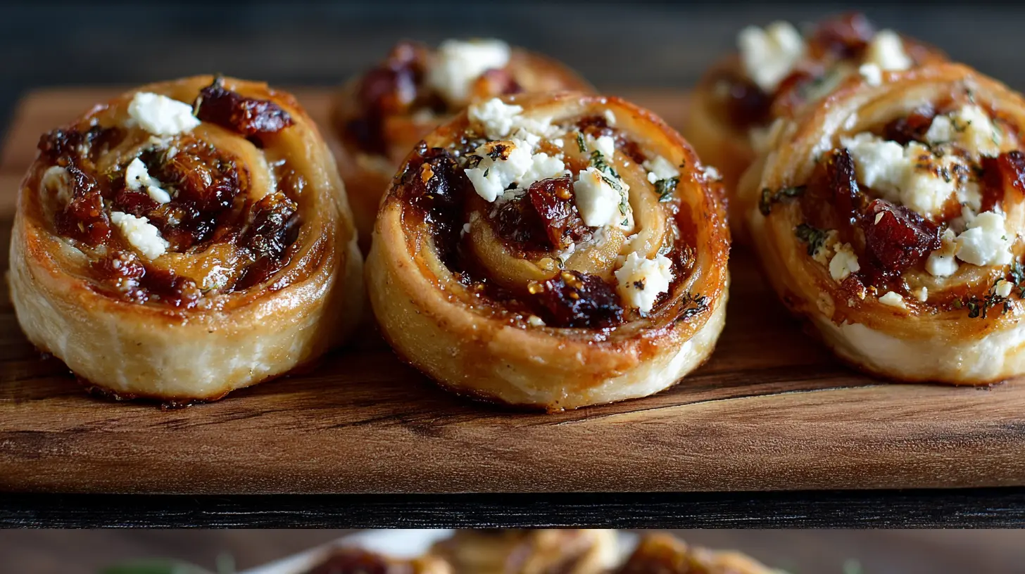 Baked fig and goat cheese pinwheels arranged on a white serving platter