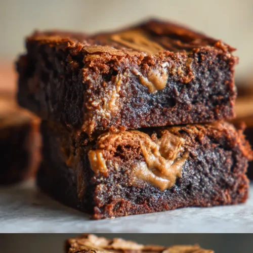 Close-up of fudgy Lotus Biscoff cookie butter brownies with a swirl topping