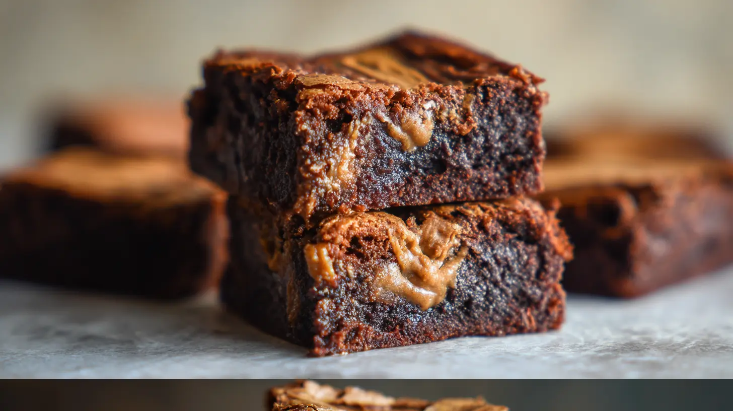 Close-up of fudgy Lotus Biscoff cookie butter brownies with a swirl topping