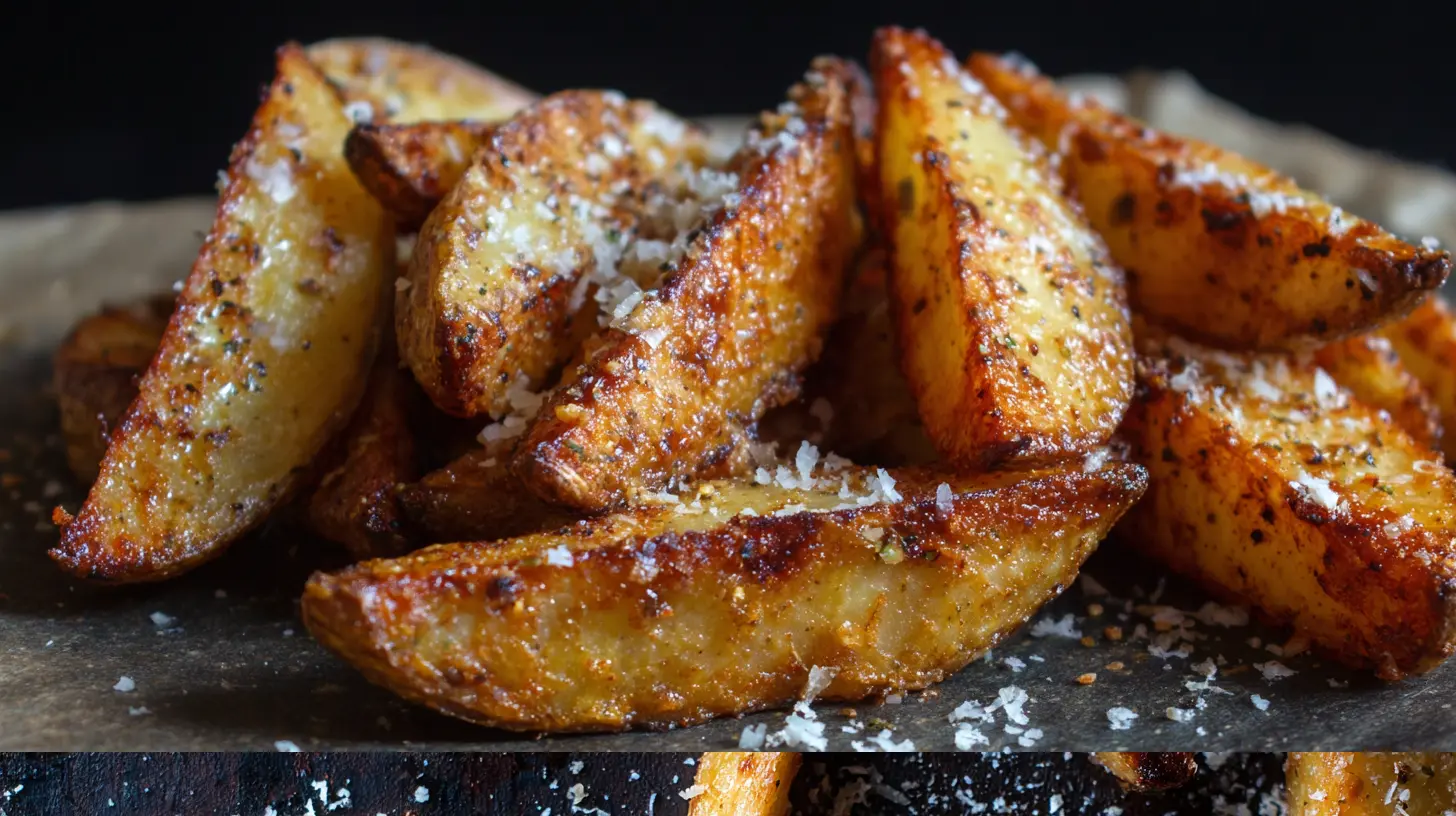 Close-up of crispy baked garlic parmesan potato wedges seasoned to perfection.