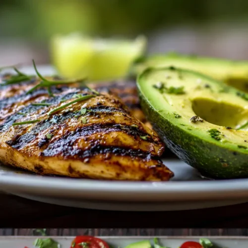 Grilled California avocado chicken sizzling on a platter