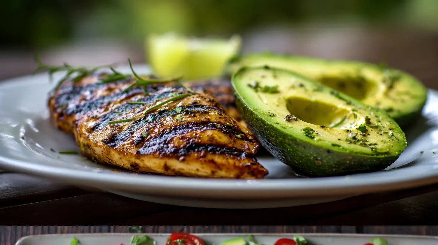Grilled California avocado chicken sizzling on a platter