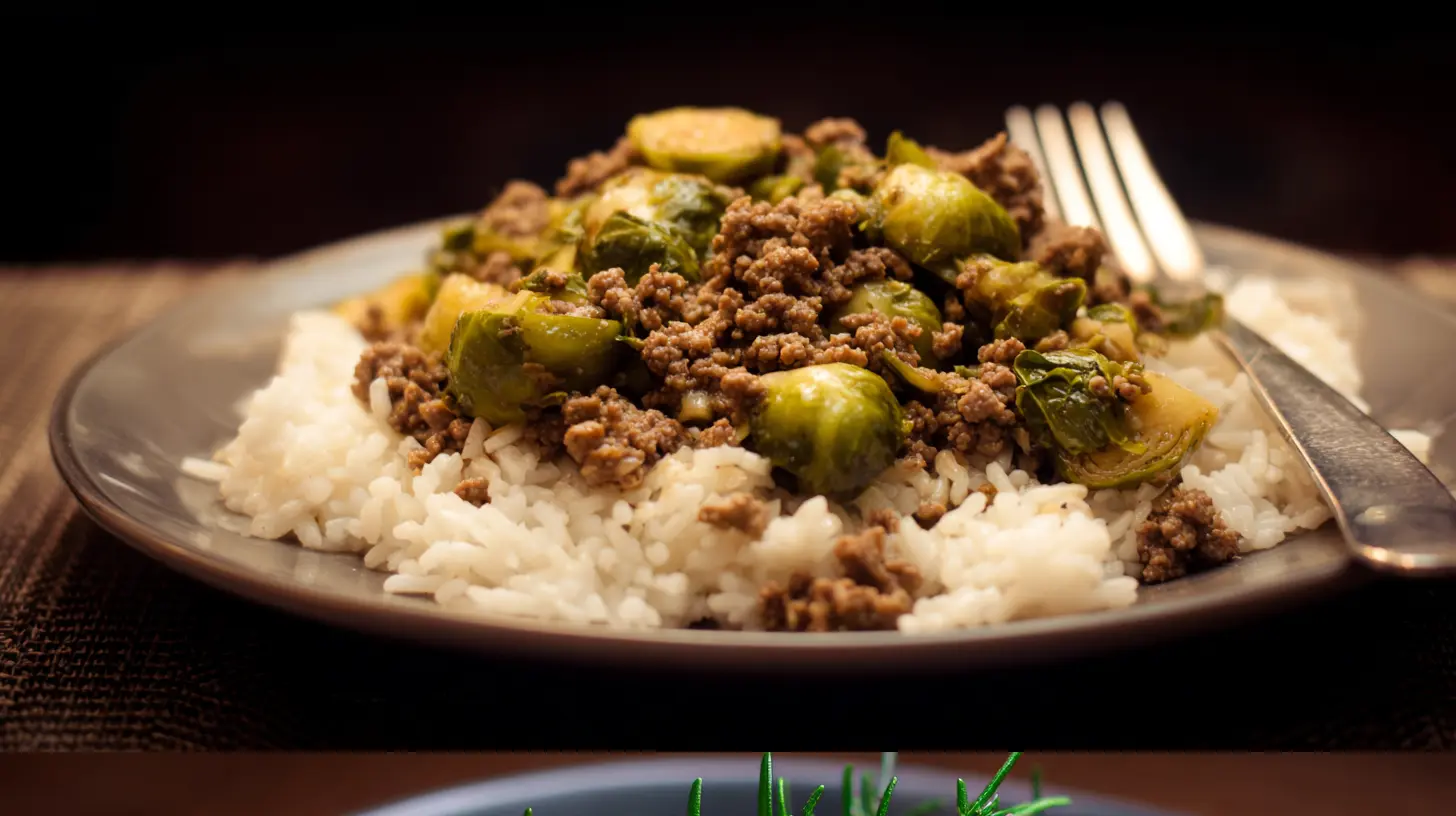 A close-up of a serving of ground beef and brussels sprouts in a bowl