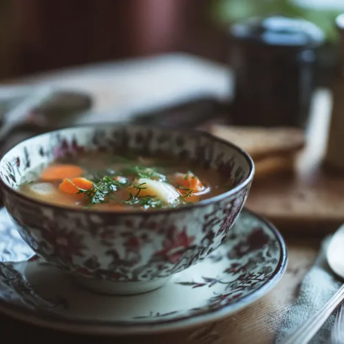 A steaming bowl of colorful vegetable soup, rich with diced vegetables.