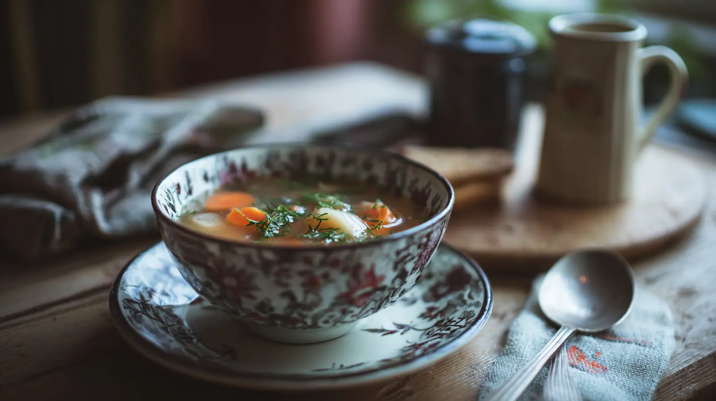 A steaming bowl of colorful vegetable soup, rich with diced vegetables.