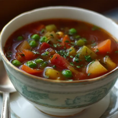 A steaming bowl of hearty vegetable soup, colorful and inviting.