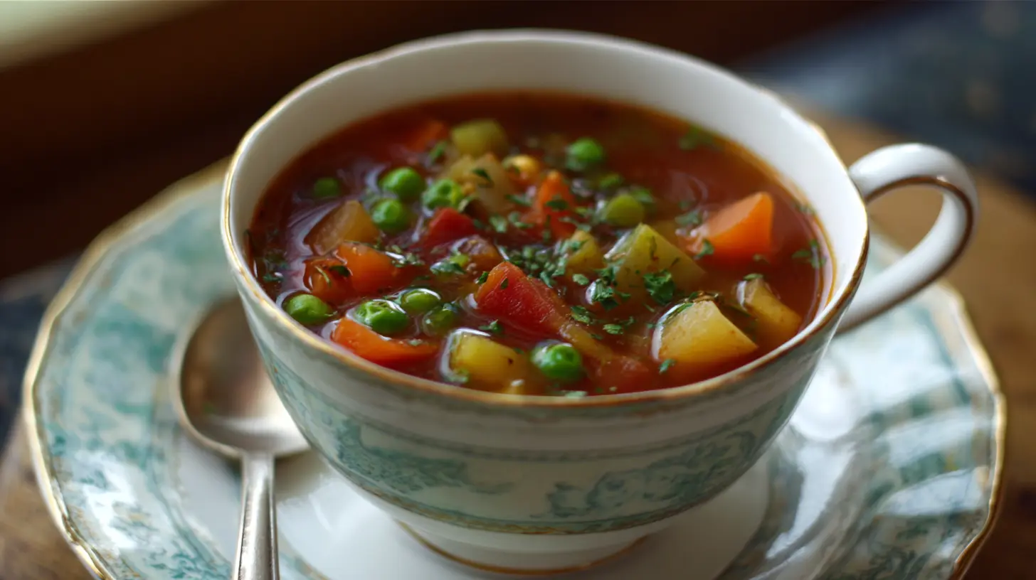 A steaming bowl of hearty vegetable soup, colorful and inviting.