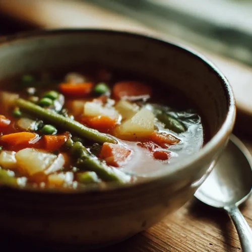 A steaming bowl of hearty vegetable soup with various fresh ingredients