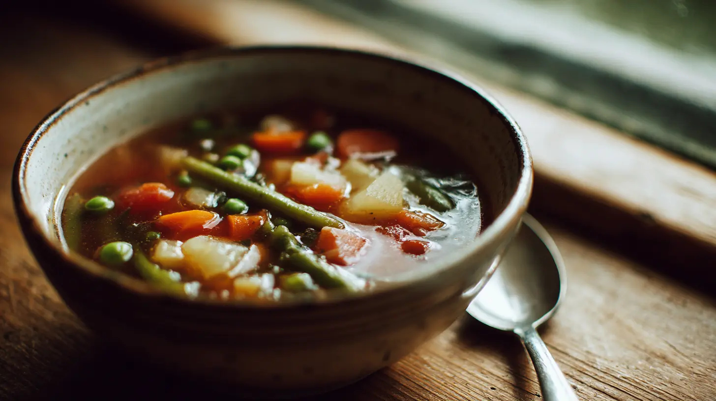 A steaming bowl of hearty vegetable soup with various fresh ingredients