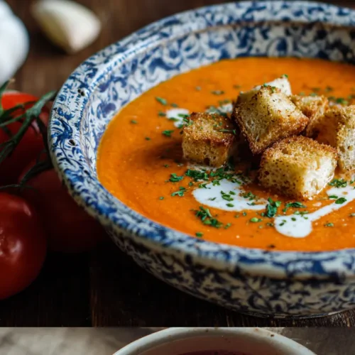 A steaming bowl of homemade tomato soup.