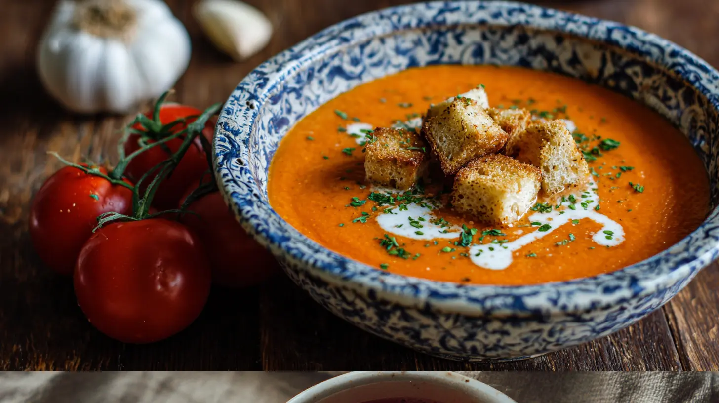 A steaming bowl of homemade tomato soup.