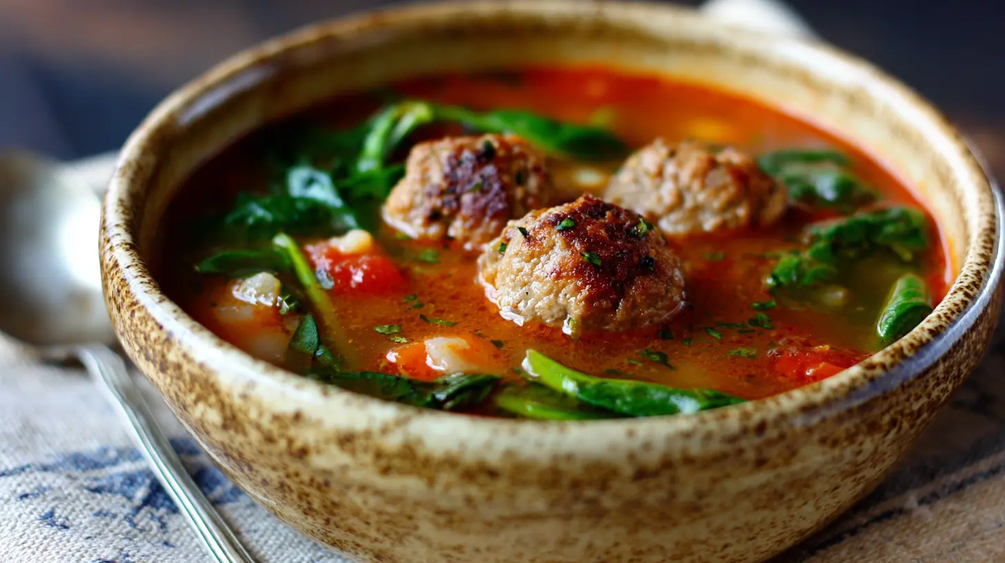 A bowl of hearty Italian meatball soup, rich with vegetables and tender meatballs.